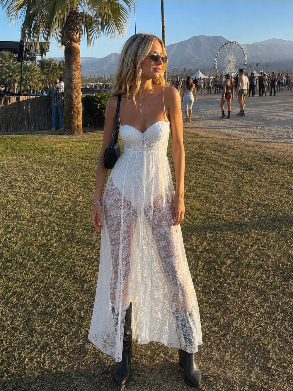 For Love & Lemons White Lace Maxi Slip Dress with Sheer Floral Skirt